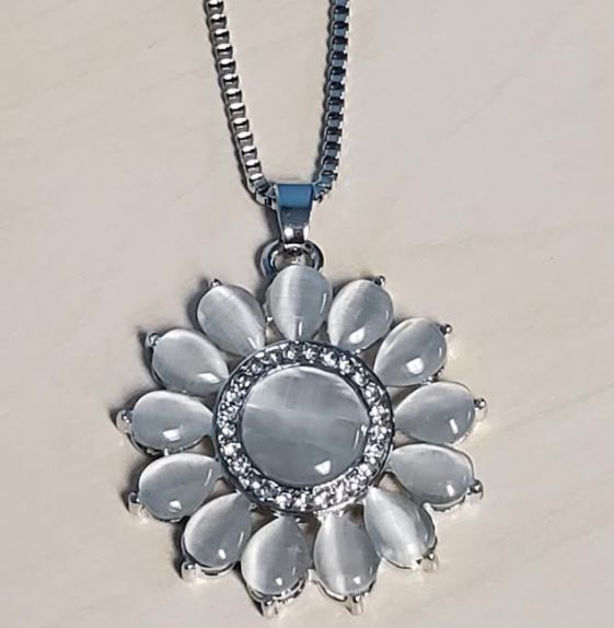 N1649 Silver Moonstone Rhinestone Flower Necklace with FREE Earrings - Iris Fashion Jewelry