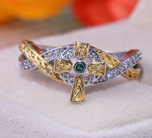 R428 Silver Gold Accent Green Rhinestone Cross Ring - Iris Fashion Jewelry