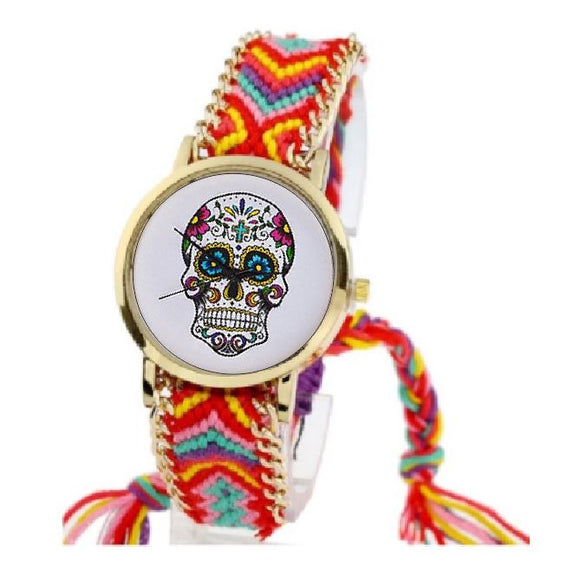 W520 Multi Color Yarn Band Sugar Skull Quartz Watch - Iris Fashion Jewelry