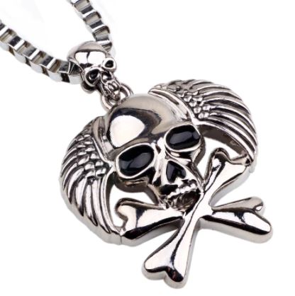 N556 Silver Skull with Wings & Crossbones Pendant Necklace - Iris Fashion Jewelry