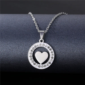N1133 Silver Round Rhinestone Heart Necklace FREE Earrings - Iris Fashion Jewelry