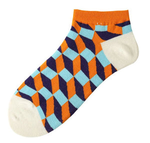 SF1033 Orange Blue White Squares Low Cut Socks - Iris Fashion Jewelry