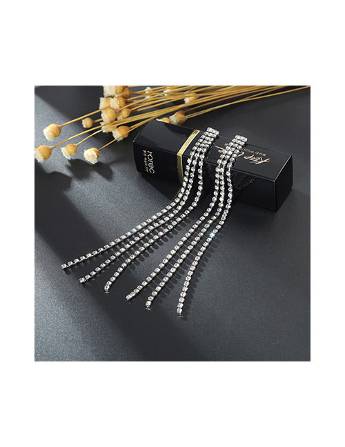 E122 Silver Long Rhinestone Dangle Earrings - Iris Fashion Jewelry