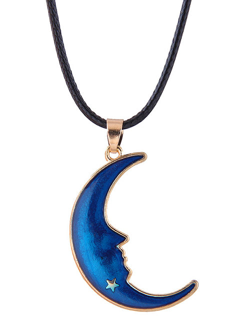 N376 Gold Blue Moon with Face Leather Cord Necklace with FREE Earrings - Iris Fashion Jewelry