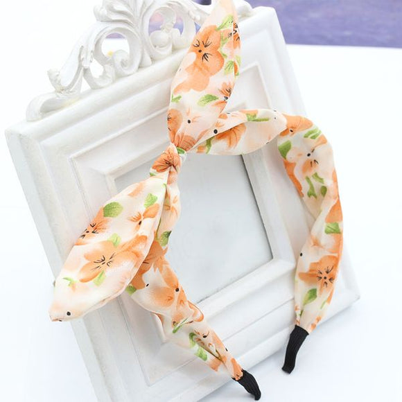 H664 Orange Floral Design Fabric Covered Head Band with Bow - Iris Fashion Jewelry