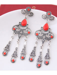 +E64 Red Gemstone Decorated Tassel Earrings - Iris Fashion Jewelry