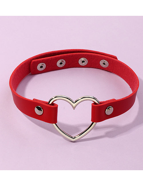 N1252 Silver Heart Red Leather Choker Necklace FREE Earrings - Iris Fashion Jewelry