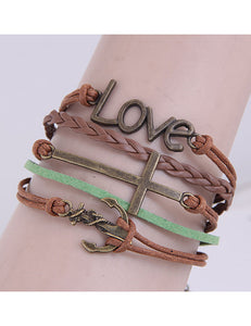 B605 Brown & Green Cross Anchor Layered Bracelet - Iris Fashion Jewelry