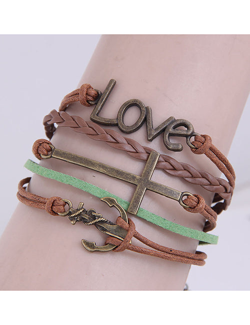 B605 Brown & Green Cross Anchor Layered Bracelet - Iris Fashion Jewelry