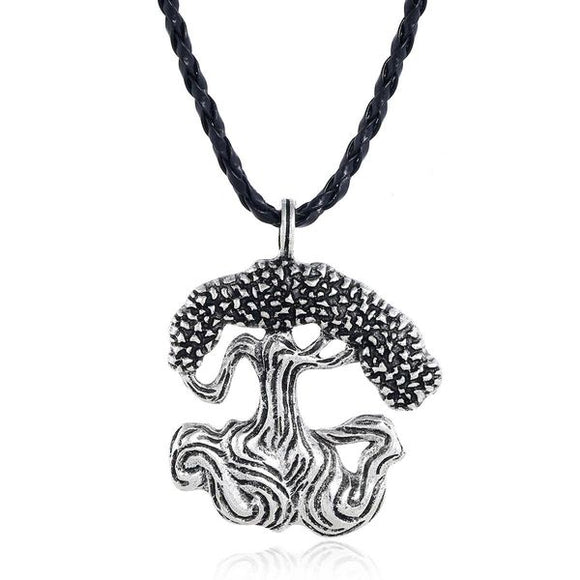 N1758 Silver Tree of Life on Braided Leather Cord Necklace with FREE EARRINGS - Iris Fashion Jewelry