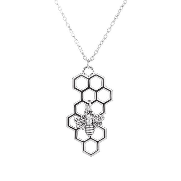 N1529 Silver Honeycomb Bee Necklace With FREE Earrings - Iris Fashion Jewelry