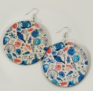 E1493 Large Round Wooden Blue Sea Shells Earrings - Iris Fashion Jewelry