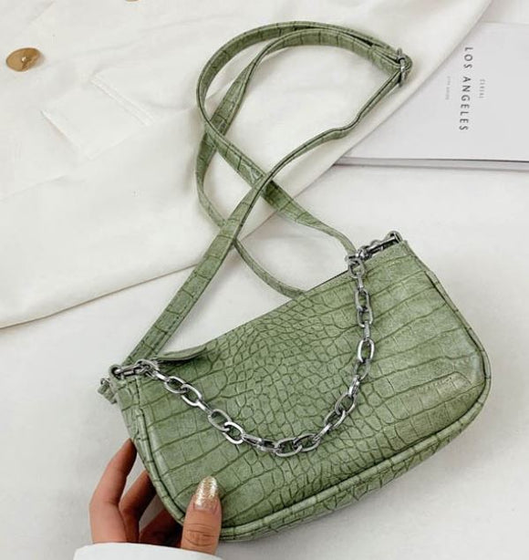 PB200 Sage Green Crocodile Print Chain Accent Shoulder Bag - Iris Fashion Jewelry