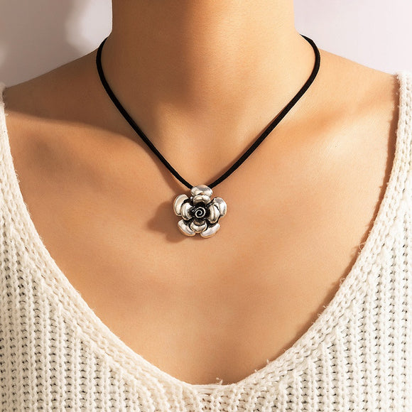 N844 Silver Flower on Leather Cord Necklace with FREE Earrings - Iris Fashion Jewelry