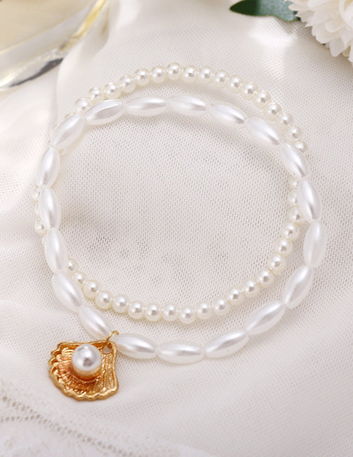 B1186 Pearl Bead Gold Clam Shell Ankle Bracelet Set - Iris Fashion Jewelry
