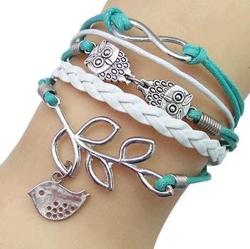 B662 Mint Green & White Owl Infinity Leather Layered Bracelet - Iris Fashion Jewelry