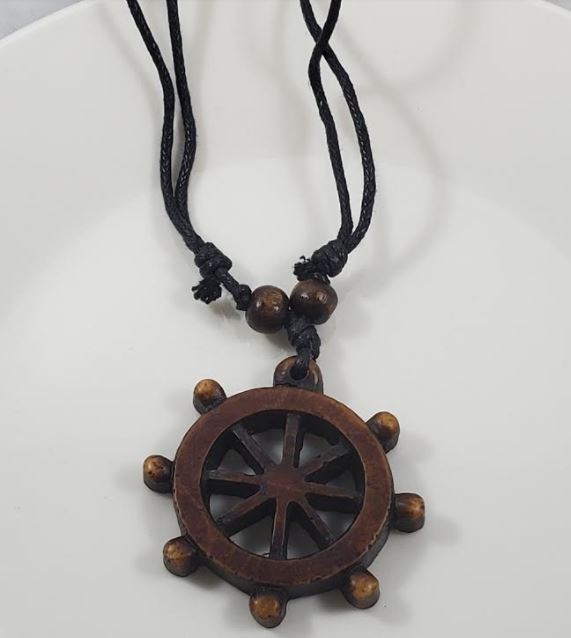 N1840 Brown Ship Wheel on Leather Cord Necklace - Iris Fashion Jewelry