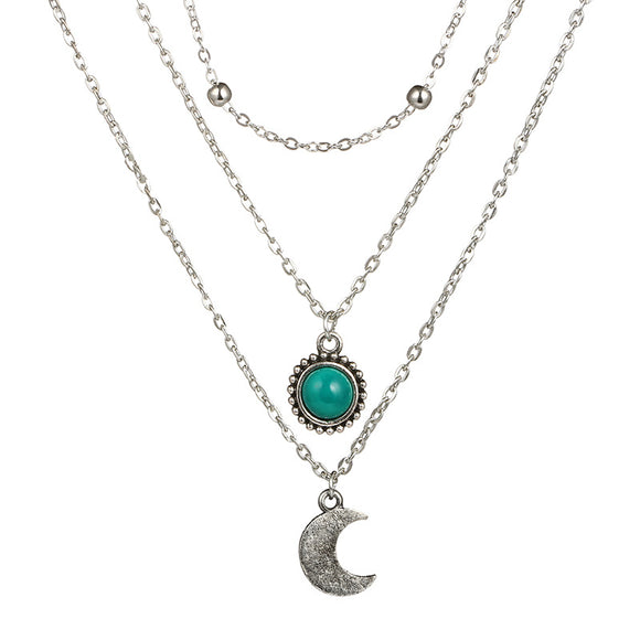 N190 Silver 3 Layer Turquoise Gem & Moon Necklace with Free Earrings - Iris Fashion Jewelry