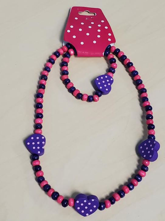 L20 Purple Polka Dot Heart Wooden Necklace & Bracelet Set - Iris Fashion Jewelry