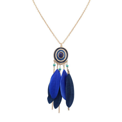 N1583 Gold Shades of Blue Feathers Tassel Necklace FREE Earrings - Iris Fashion Jewelry