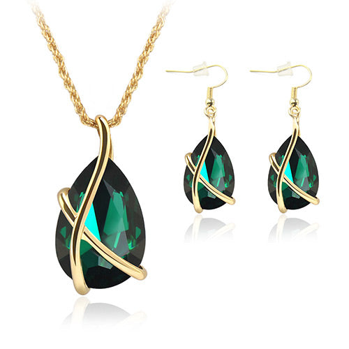 N1439 Gold Green Gemstone Necklace FREE Earrings - Iris Fashion Jewelry