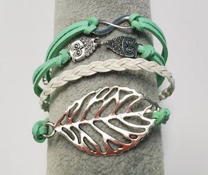 B366 Mint Green Leaf Owl Infinity Leather Layered Bracelet - Iris Fashion Jewelry