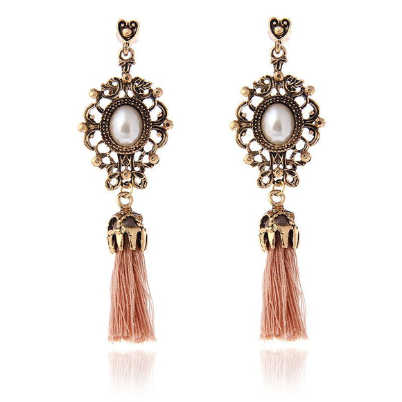 E827 Gold Pearl Peach Tassel Earrings - Iris Fashion Jewelry