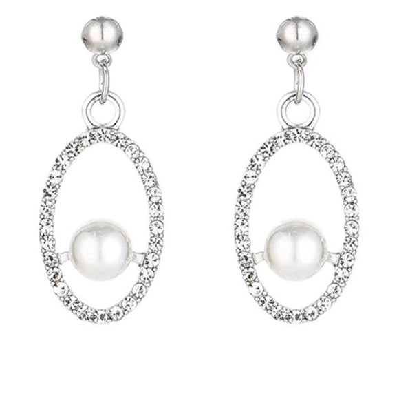 E631 Silver Rhinestone Oval Pearl Earrings - Iris Fashion Jewelry