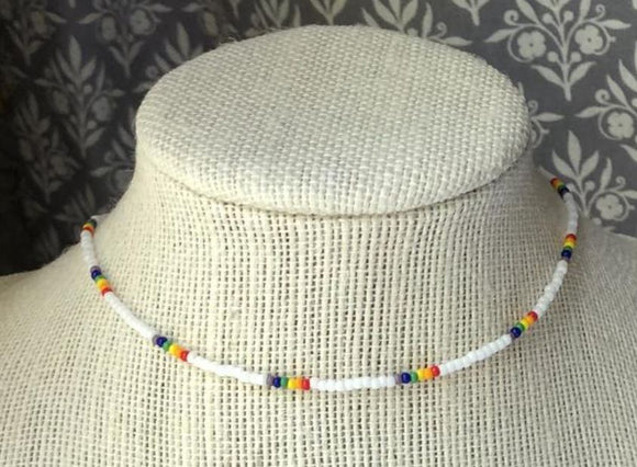 N431 Silver White & Multi Color Seed Bead Choker Necklace with FREE Earrings - Iris Fashion Jewelry