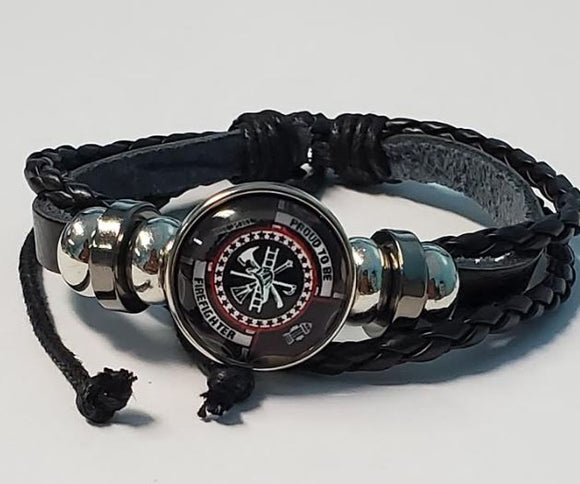 *B822 Black Proud to be Firefighter Leather Bracelet - Iris Fashion Jewelry