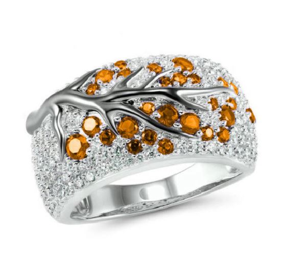 R211 Silver Orange Rhinestone Tree Design Ring - Iris Fashion Jewelry