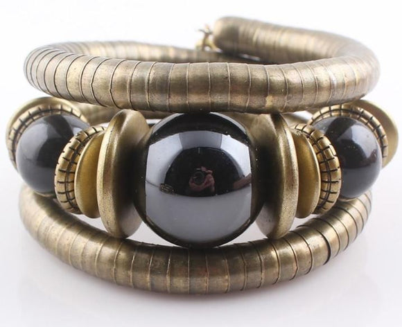 B667 Bronze Black Bead Coil Bracelet - Iris Fashion Jewelry