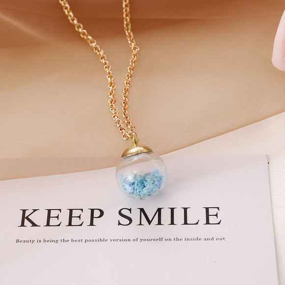 N534 Gold Iridescent Light Blue Star Confetti Filled Necklace FREE Earrings - Iris Fashion Jewelry