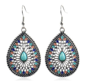 E211 Silver Teardrop Turquoise Gemstone Baked Enamel Earrings - Iris Fashion Jewelry