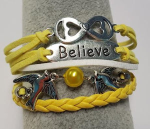 B422 Yellow Believe Doves Heart Infinity Leather Layered Bracelet - Iris Fashion Jewelry