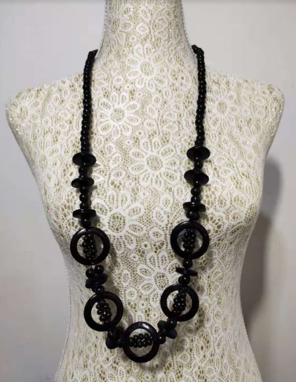 N01 Black Wooden Bead & Hoops Necklace with FREE Earrings - Iris Fashion Jewelry