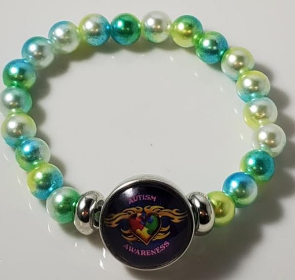B1027 Blue & Green Pearls Flaming Heart Autism Awareness Bracelet - Iris Fashion Jewelry