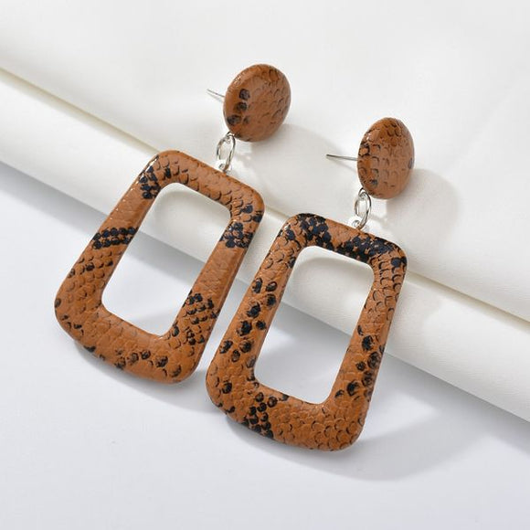 E1656 Brown Snake Skin Print Rectangle Earrings - Iris Fashion Jewelry