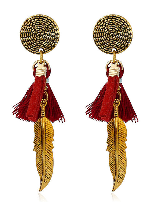 E1459 Gold Feather Red Tassel Earrings - Iris Fashion Jewelry