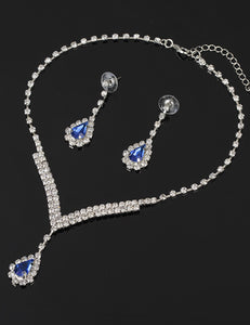 N1630 Silver Rhinestone Blue Gemstone Necklace with FREE Earrings - Iris Fashion Jewelry