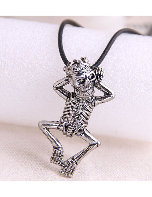 N1182 Silver Lounging Skeleton on Leather Cord Necklace - Iris Fashion Jewelry