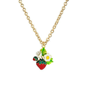 N386 Baked Enamel Strawberry White Flower Necklace with Free Earrings - Iris Fashion Jewelry