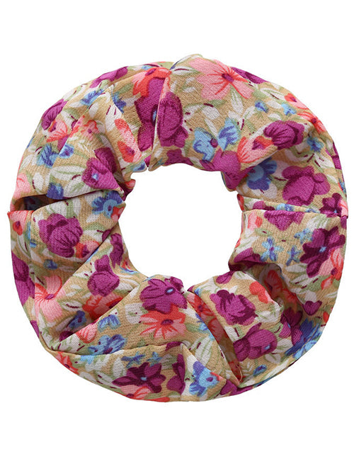 H757 Beige Bright Floral Print Hair Scrunchie - Iris Fashion Jewelry