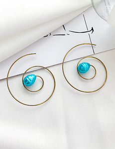 E1273 Gold Blue Bead Spiral Earrings - Iris Fashion Jewelry