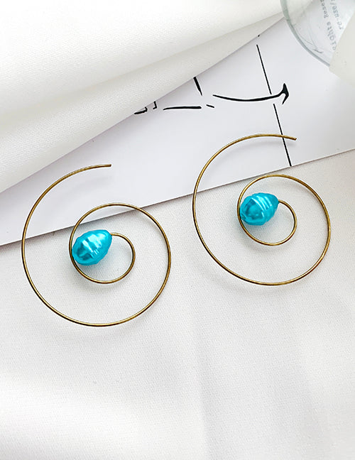 E1273 Gold Blue Bead Spiral Earrings - Iris Fashion Jewelry