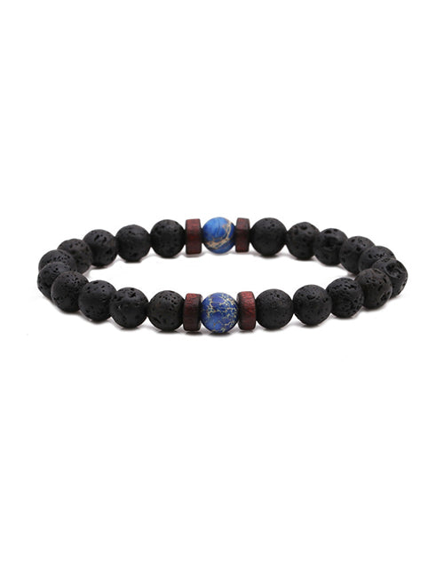 B851 Black Lava Stone Blue Gold Crackle Bead Bracelet - Iris Fashion Jewelry
