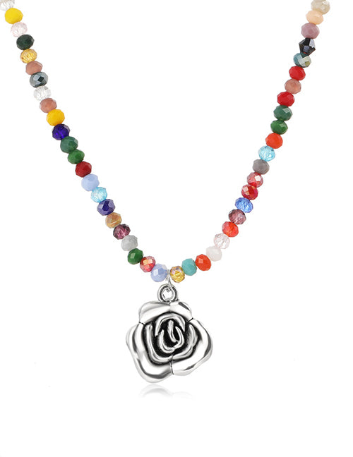 N930 Multi Color Bead Rose Charm Necklace with FREE Earrings - Iris Fashion Jewelry