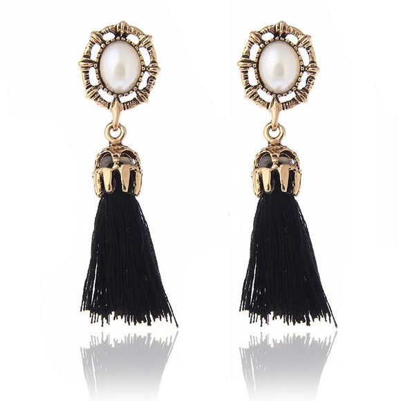E10 Gold Antique Look Pearl Black Tassel Earrings - Iris Fashion Jewelry
