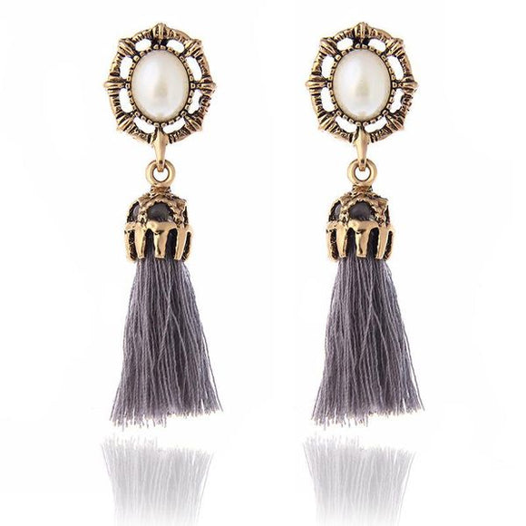 E1031 Gold Antique Look Pearl Gray Tassel Earrings - Iris Fashion Jewelry