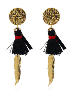 E1460 Gold Feather Black Tassel Earrings - Iris Fashion Jewelry